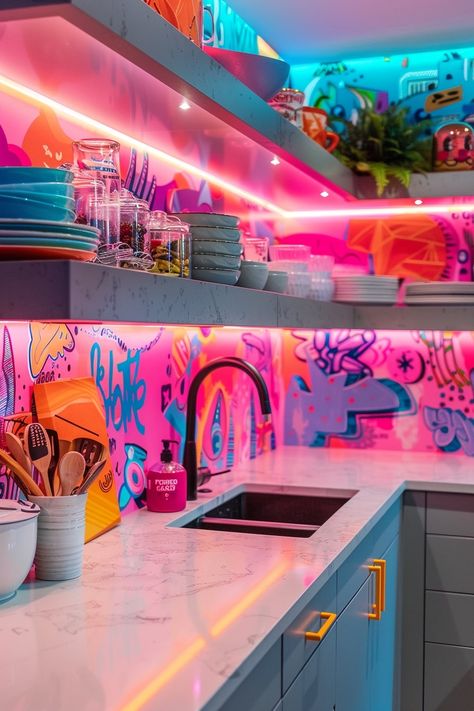 17 Funky Kitchen Ideas You Will Love! - My Decor Inspo Fun Kitchen Accessories, House Inspo Colorful, Funky Cafe Design, Funky Kitchen Island, Vaporwave Kitchen, Christmas Color Ideas, Cool House Decor, Neon Maximalist, New Apartment Ideas