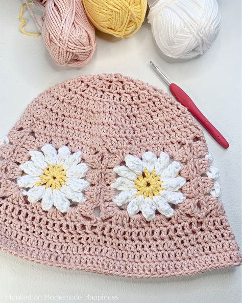 40+ Free Crochet Bucket Hat Patterns - Dabbles & Babbles Granny Squares Bucket Hat, Crochet Hat Granny Square, Crochet Flower Bucket Hat, Granny Square Bucket Hat Pattern Free, Granny Square Hat Pattern Free, Flower Bucket Hat Crochet, Granny Square Bucket Hat Pattern, Granny Bucket Hat, Crochet Granny Square Hat