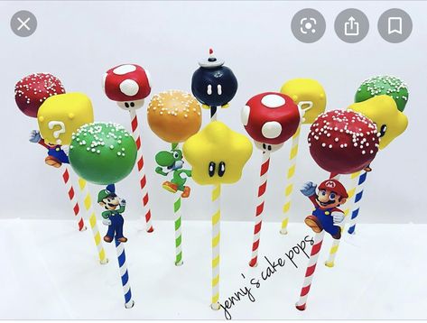 Super Mario Bros Treat Ideas, Super Mario Bros Party Treats, Mario Cake Pops Ideas, Mario Birthday Party Cake Pops, Bowser Cake Pops, Super Mario Cake Pops Birthday, Mario Brothers Cake Pops, Mario Kart Cake Pops, Mario Birthday Cake Pops