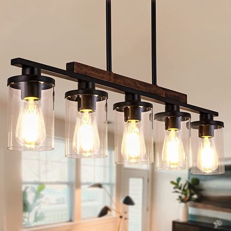 Linear Chandeliers, Chandeliers Black, Farmhouse Kitchen Island Lighting, Farmhouse Dining Room Lighting, Rustic Kitchen Lighting, Kitchen Island Dining Table, Dining Room Light Fixture, Dining Room Light, Kitchen Island Linear Pendant