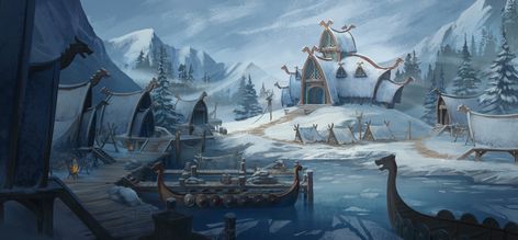 ArtStation - Viking Village Vikings Concept Art, Viking Town Concept Art, Viking Village Concept Art, Fantasy Viking Village, Viking Rpg, Viking Kingdom, Viking Background, Viking City, Viking Town