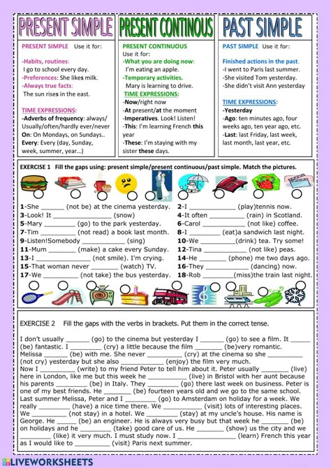 Simple Past Tense Worksheet, Present Simple Present Continuous, Tense Worksheet, Past Tense Worksheet, Tenses Exercises, Ingles Kids, Past Continuous, Present Continuous Tense, Simple Present Tense