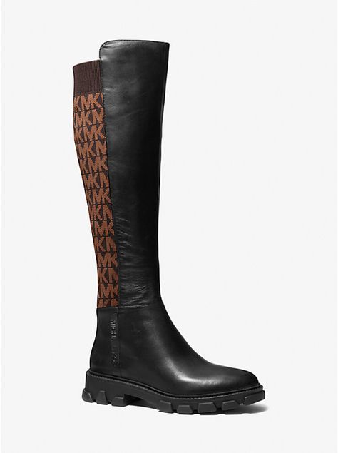 Ridley Leather and Logo Jacquard Knee Boot | Michael Kors Michael Kors Fall, Michael Kors Boots, Knee Boot, Rounded Toe Boots, Wedge Pumps, Beautiful Boots, Tapered Jeans, Cool Boots, Leather Logo