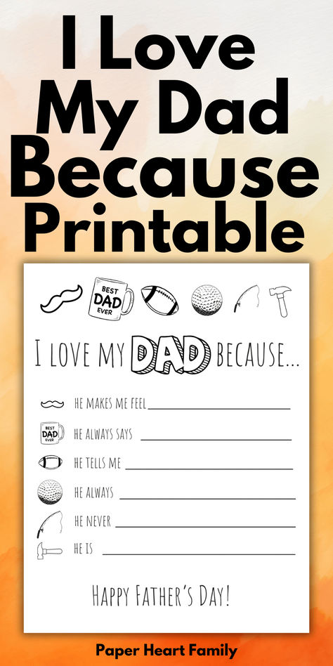 This free Father's Day printable for kids has such fun prompts! Let dad know all the reasons that his kids love him with these I love my dad because prompts. I Love My Dad Because, Father Day Printables Free, Free Father’s Day Printables For Kids, All About My Dad Free Printable, Preschool Gifts For Parents, Free Fathers Day Printables, Diy Toddler Halloween Costumes, Sibling Costume Ideas, Free Printable Halloween Games