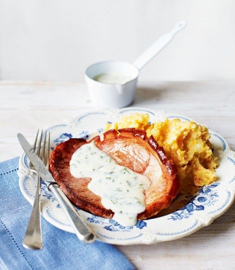 477371-1-eng-GB_gammon-steaks-with-creamy-parsley-sauce-and-root-veg-mash Steak Sauce Recipe, Gammon Steak, Gammon Recipes, Steak Sauce Recipes, Parsley Sauce, Ground Beef Pasta, Mash Recipe, Beef Pasta, Delicious Magazine