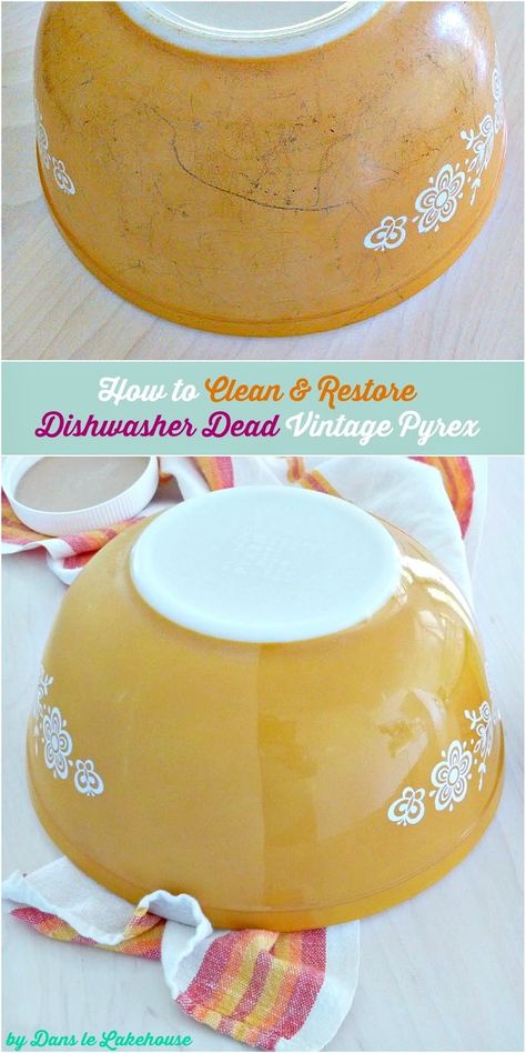 How to clean and restore dishwasher dead vintage Pyrex Stove Top Cleaner, Vintage Pyrex Collection, Vintage Bakeware, Bar Keepers Friend, Pyrex Collection, Bar Keeper, Easy Cleaning Hacks, Toilet Bowl Cleaner, Pyrex Bowls