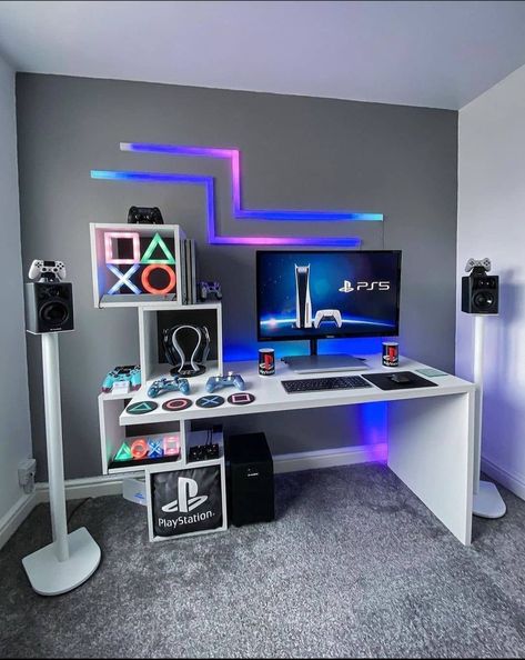 Led Game Room Ideas, Playstation Room, Gaming Bedroom Ideas, Boys Game Room, Gaming Bedroom, Gamer Bedroom, Small Game Rooms, Retro Games Room, Gamer Room Decor