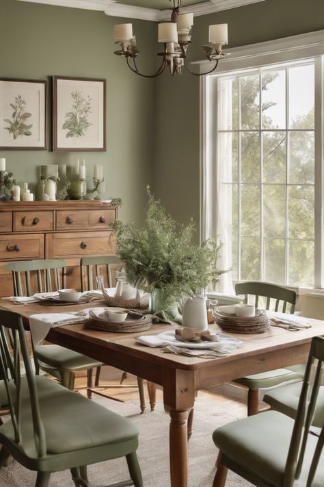 Rustic dining room with a wooden table set for a meal, green chairs, large window, and candlelit chandelier. Green Farmhouse Dining Room, Dining Table Color Ideas, Dining Room Table Colors, Dining Room Inspiration Traditional, Light Green Dining Room, Cottage Dining Room Decor, Sage Dining Room, Modern Cottage Dining Room, Green Dining Room Paint