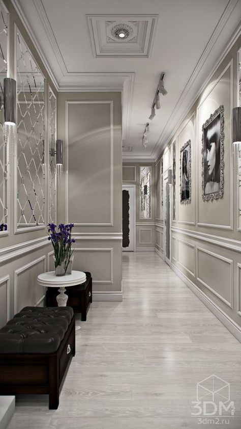 Luxury Hallway With Wainscoting Vstupná Hala, Dining Room Wainscoting, Hallway Designs, Beauty Salon Interior, Long Hallway, Design Salon, Salon Interior Design, 아파트 인테리어, Spa Design