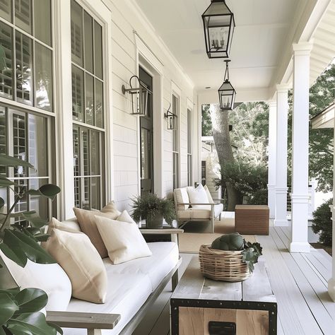 Southern Charm Cream Front Porch Design Inspiration Southern Wrap Around Porch, Southern Front Porches, Southern Front Porch, Traditional Southern Home, Southern Charm Decor, Evergreen House, Southern Porches, Cottage Porch, Reclaimed Wood Beams