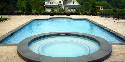 Pool with raised spa and Roman ends Roman Style Pool Ideas, Rectangle Pool With Round Spa, Solar Pool Heater Diy, Landscaping Around Pool, Round Hot Tub, Solar Pool Heater, Pool Stuff, Garden Diy Ideas, Intex Pool