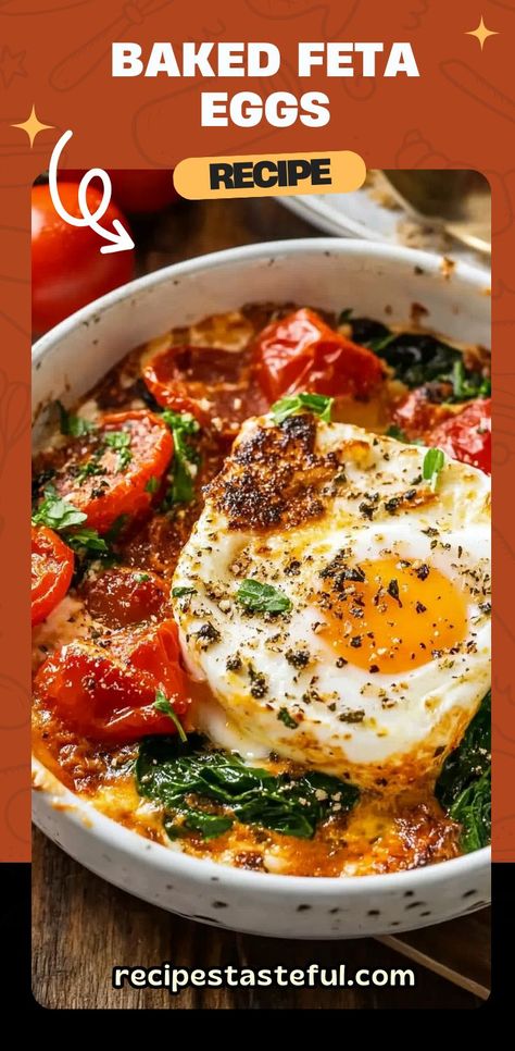 This Mediterranean-inspired dish is a perfect breakfast or brunch recipe, combining creamy baked feta, sweet cherry tomatoes, fresh spinach, and perfectly cooked eggs. Serve with crusty bread for a wholesome and delicious start to your day! #BakedFetaEggs #MediterraneanBreakfast #BrunchRecipe #HealthyBreakfast #Eggs #SpinachRecipe #FetaCheese #TomatoRecipe #HealthyBrunch #BreakfastInspo #CrustyBread Feta Eggs, Eggs With Tomatoes, Mediterranean Breakfast, Baked Feta, Healthy Brunch, Brunch Recipe, Fresh Spinach, Spinach Recipes, Sweet Cherries