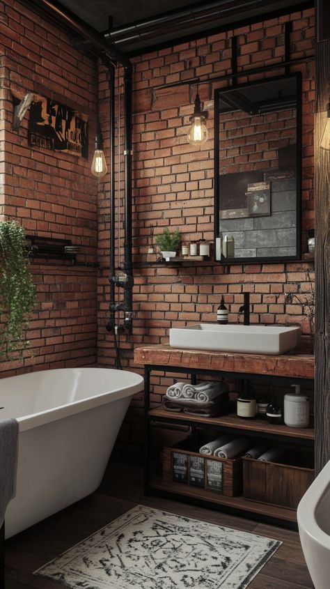 37 Breathtaking Modern Bathroom Designs for Your Home Moody Brick Bathroom, Industrial Style Bathroom Vanity, Modern Rustic Decor Bathroom, Urban Farmhouse Bathroom, Moody Industrial Bathroom, Red Brick Bathroom, Industrial Interior Design Bathroom, Men’s Bathroom, Unique Master Bath