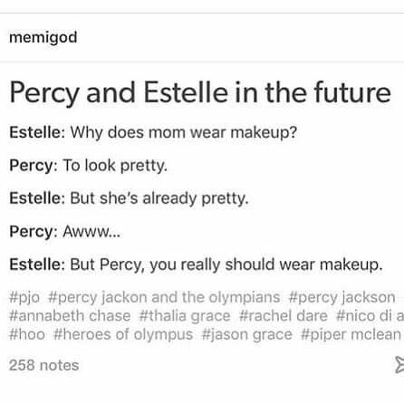 ESTELLE IS SASSY. SHE GETS IT FROM HER BROTHER. Estelle Percy Jackson, Percy Jackson Estelle, Percy Jackson And Estelle, Percy And Estelle Headcanon, Estelle And Percy, Estelle Blofis, Percy And Estelle, Pjo Funny, Greek Mythology Humor