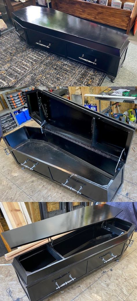 Custom made coffin table that open like a real coffin, but also pops-up like a TV table. Coffin Vanity Diy, Coffin Vanity, Coffin Diy, Coffin Table, Coffin Coffee Tables, Isolation Tank, Murphy Table, Goth Stuff, Tv Table