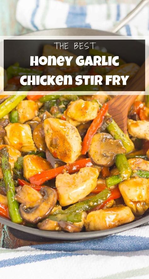 This Honey Garlic Chicken Stir Fry is an easy, one pan meal that's ready in just 30 minutes. Fresh vegetables and chicken are tossed in a sweet and savory sauce and can be served with noodles or rice! #chicken #stirfry #chickenstirfry #honeygarlicstirfry #honey #garlic #chickenrecipe #dinner #recipe Honey Garlic Stir Fry, Honey Garlic Chicken Stir Fry, Garlic Stir Fry, Healthy Dinner Choices, Easy Honey Garlic Chicken, Garlic Chicken Stir Fry, Stir Fry Recipes Chicken, Garlic Chicken Recipes, Chicken And Broccoli