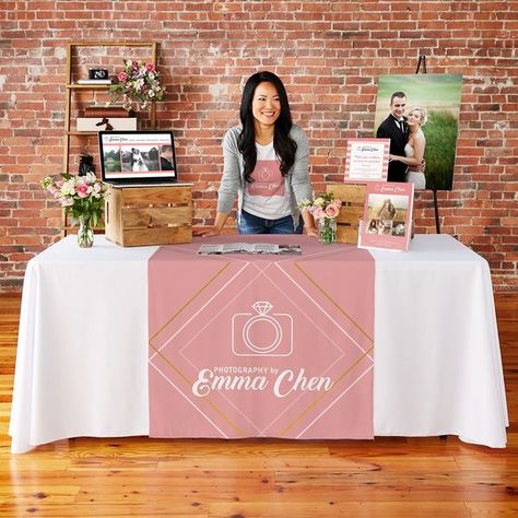 Emily - what do you think of doing a table runner instead of a table cloth? Wedding Vendors Booth, Vendor Table Display, Craft Fair Table, Bridal Show Booths, Treat Business, Booth Table, Vendor Booth Display, Craft Fair Booth Display, Vendor Table