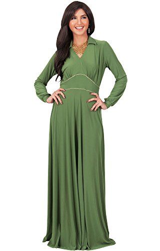 KOH KOH Womens Long Sleeve Solid Vneck Fall Winter Flowy Formal Gown Maxi Dress Color Green Size Large 2  L  1214 >>> See this great product. Party Wear Maxi Dresses, Dresses For Ladies, Long Sleeve Collared Dress, Stylish Maxi Dress, Long Maxi Dresses, Velvet Bridesmaid Dresses, Long Sleeve Gown, Ankara Style, Maxi Gown Dress