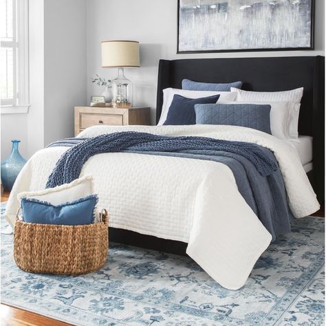 You'll love the Wingback Upholstered Panel Bed at Wayfair - Great Deals on all Furniture products with Free Shipping on most stuff, even the big stuff. White And Blue Comforter Bedroom, Blue Pillows Bedroom, Blue And White Bedroom Decor, White And Blue Bedding, Navy And White Bedroom, Tilly Upholstered Bed, Upholstered Panel Bed, Grey Bedroom, Upholstered Panels