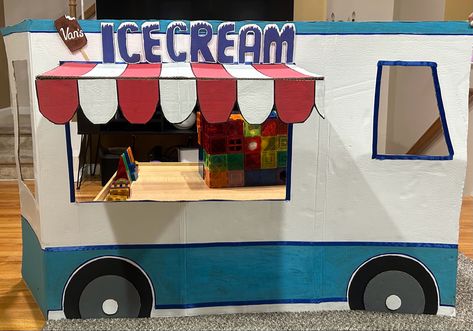 Food Truck Birthday Party, Cardboard Food Truck, Cardboard Ice Cream, Kindergarten Centres, Corn Party, Food Truck Party, Halloween Ice Cream, Ice Cream Menu, House Tent