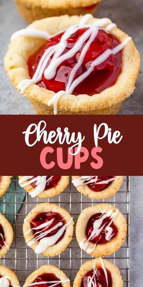 Cherry Pie Cookie Cups taste like mini cherry pies with a sugar cookie crust! This is an easy semi-homemade recipe you can make with four ingredients. Cherry Cookie Cups, Cherry Pie Shots, What To Do With Cherry Pie Filling, Mini Fruit Pies Easy, Mini Cookie Pies, Cherry Pie Mini, Cherry Pies Recipes, Cherry Pie Cookie Cups, Sugar Cookie Mini Pies