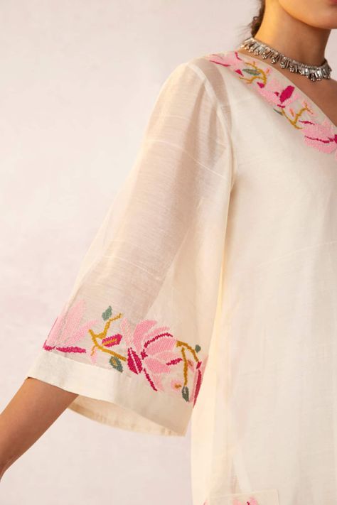 Buy White Handwoven Chanderi Cross Stitch Bahaar Pattern Kurta For Women by Shivani Bhargava Online at Aza Fashions. Chanderi Kurta Designs, Long Kurti Patterns, Types Of Embroidery Stitches, Chanderi Dupatta, Stylish Kurtis Design, Kurta Patterns, Kurta For Women, Striped Pant, Simple Kurti Designs