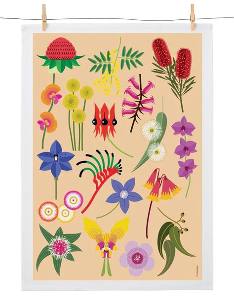 Tea Towels – Biome Australian Mural Art, Australian Flower Illustration, Australian Native Illustration, Australian Native Flowers Watercolour, Australian Folk Art, Australian Flowers Drawing, Australian Plants Illustration, Australian Native Flora, Australian Flora Art