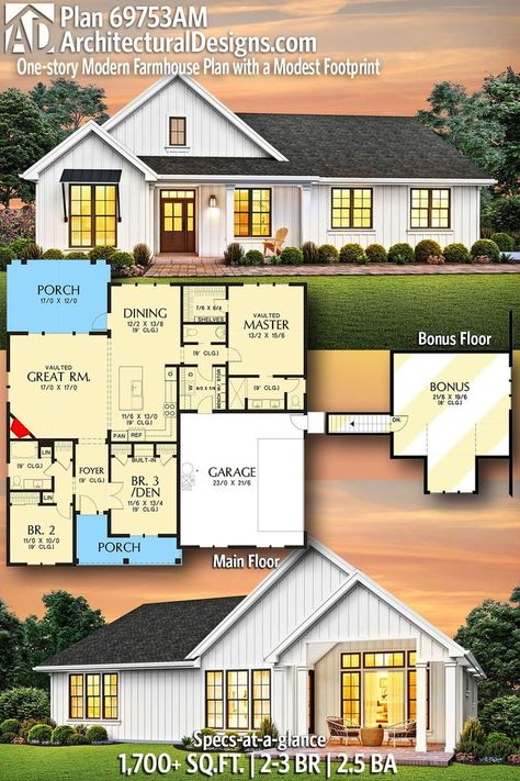 2 Bedroom Farmhouse Plans, 2 Bedroom Farmhouse, Corner Hearth, Vaulted Bedroom, Cute Modern Farmhouse, Beautiful House Designs, Modern Farmhouse Ranch, Full Bedroom, Vaulted Great Room