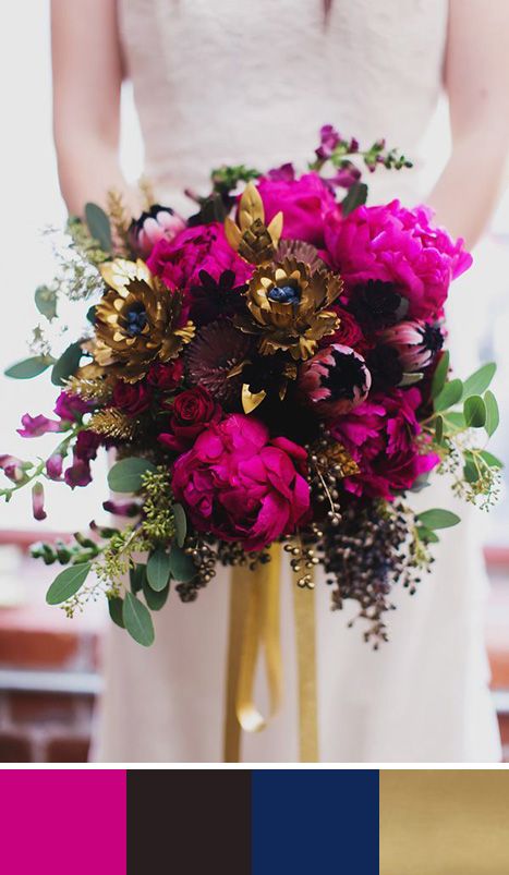 A chic and contemporary color combo of fuschia, black, navy and gold. Source: june bug weddings. #fuschia #bouquet #colorpalette Hot Pink Wedding Colors, Pink Wedding Palette, Anniversary Reception, Marine Wedding, Pink Wedding Colors, Fuchsia Wedding, Hot Pink Weddings, July Wedding, Wedding Palette