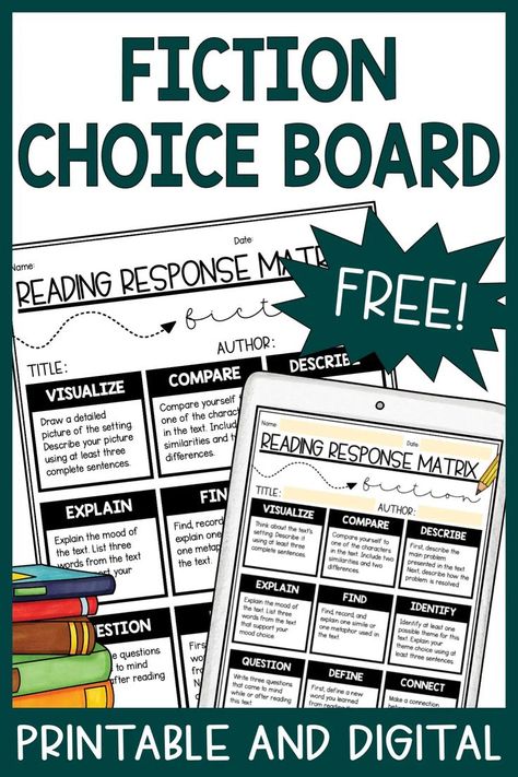 Do you want to provide your students with more choices so they can take ownership of their learning? If so, you’ll love this free fiction choice board! This printable and digital reading response menu is a perfect addition to a class novel, independent reading time, or a small group reading activity. You can use it in your Google Classroom for distance learning too! Your 4th, 5th, 6th, and middle school students will have fun with this reading comprehension activity! Grab this freebie today! Literature Recommendations, Reading Comprehension Games, Intermediate Reading, Comprehension Games, Active Reading Strategies, Montessori Teaching, Middle School Literacy, Elementary Lessons, Reader Response