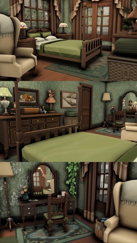 Bloxburg Bedroom Ideas Dark Academia, Bloxburg Fairytale House, Cosy Bloxburg House, Sims 4 Rustic Bedroom, Cottagecore Bedroom Sims 4, Sims Cottage House Interior, Victorian Bloxburg House Ideas, Cottage Core Bloxburg Bedroom, Bloxburg Dark Academia House Layouts