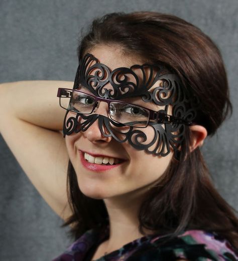 Coquette leather mask in black for eyeglasses People With Glasses, Small Glasses, Lace Mask, Masquerade Masks, Half Mask, Costume Masks, Leather Mask, Best Masks, Masks Masquerade