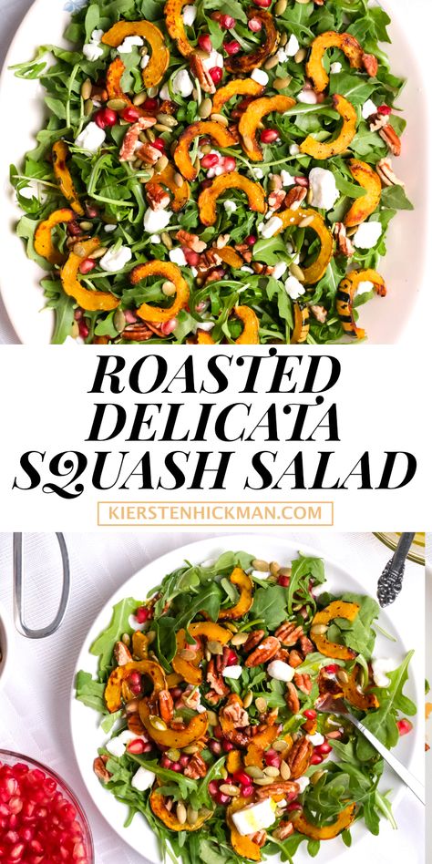 Roasted Delicata Squash And Farro Salad, Delicate Squash Salad, Delicata Squash Roasted, Delicata Squash Salad, Salad Formula, Salad With Apple Cider Vinaigrette, Delicata Squash Recipe, Roasted Delicata Squash, Shelled Pumpkin Seeds