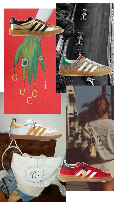 Top: Adidas x Gucci | Bottom: Adidas x Sporty & Rich (images sourced on Pinterest, created by Naomi Eastman) Adidas X Gucci, Gucci X Adidas, Athletic Clubs, Sporty And Rich, Adidas X, Adidas Gazelle, Created By, Adidas, Gucci