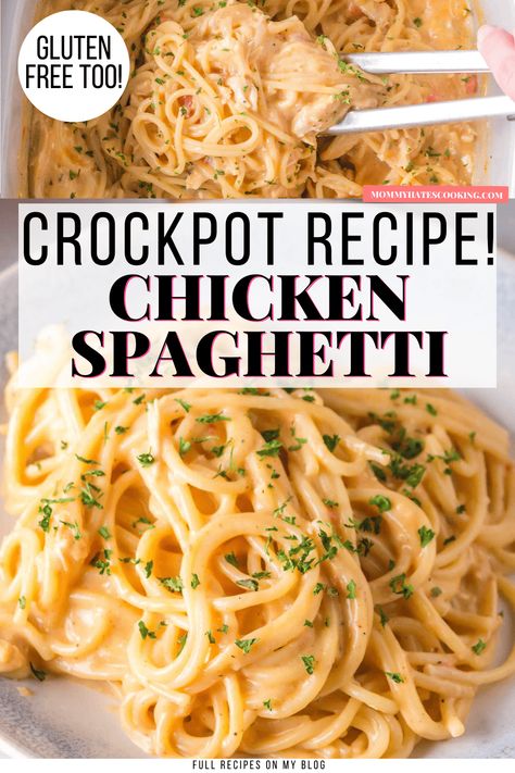 Gluten-Free Crockpot Chicken Spaghetti is made with pantry style ingredients and ready to serve in about 4 hours! Creamy Chicken Spaghetti Recipe, Chicken Spaghetti Recipe Crockpot, Creamy Chicken Spaghetti, Crockpot Chicken Spaghetti, Chicken Spaghetti Recipe, Spagetti Recipe, Crockpot Spaghetti, Cheesy Chicken Spaghetti, Slow Cooker Creamy Chicken