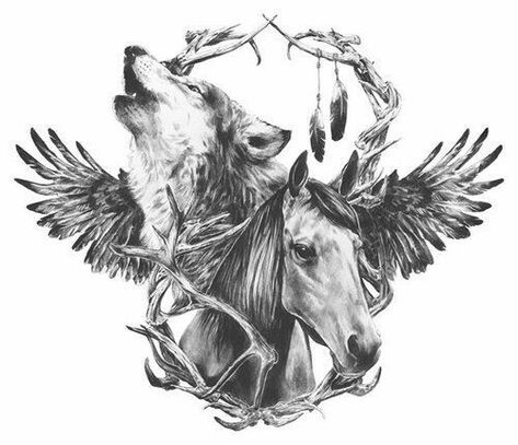 Wolf and Horse tattoo design Kurt Tattoo, Black And White Tattoo, Horse Tattoo Design, Tattoo Trend, Horse Tattoo, Wolf Tattoos, Wolf Tattoo, Collage Illustration, White Tattoo