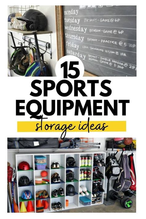 #sports #sportsequipment #storageideas #diy #diycubbies #rollingcart #diyballrack Sports Equipment Storage Ideas, Chalkboard Schedule, Equipment Storage Ideas, Garage Lockers, Sports Equipment Organization, Sports Equipment Storage, Sports Locker, Helmet Storage, Storage Hacks Diy