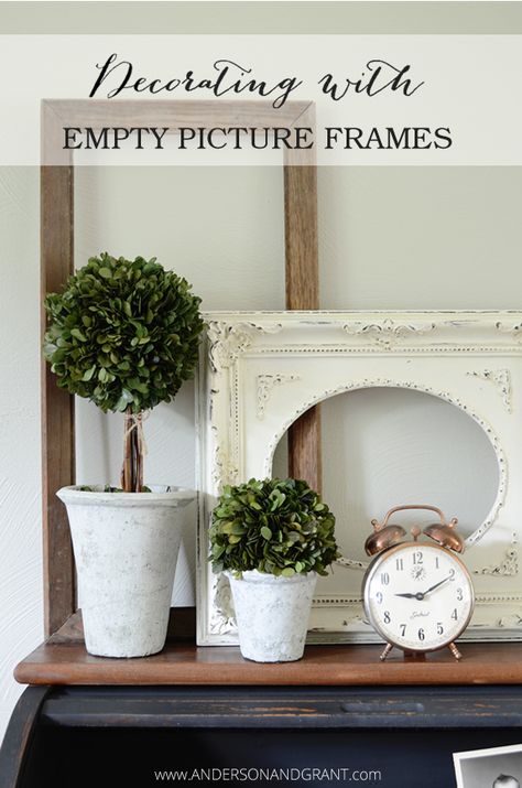 Check out this collection of ideas for using empty picture frames in your decor. | www.andersonandgrant.com Picture Frames On Mantle, Vintage Frames Ideas, Decorating With Picture Frames, Empty Picture Frame Ideas, Farmhouse Thrift Store Makeovers, Thrift Store Diy Projects, Pic Frame, Empty Picture Frames, Thrift Store Diy