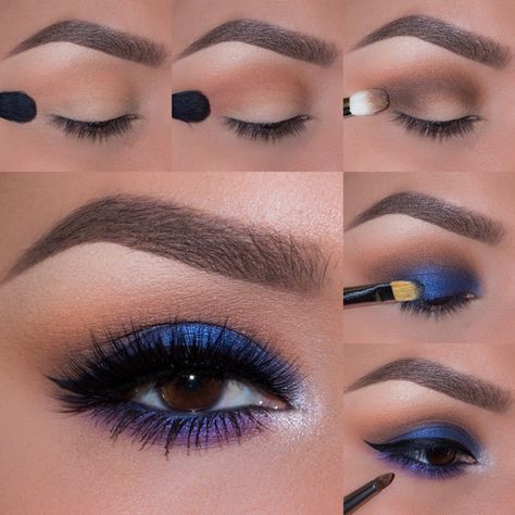 Mascara Bleu, Blue Eyeshadow Tutorial, Makeup Cheat Sheets, Blue Eye Makeup Tutorial, Eyeshadow Tutorial For Beginners, Beginner Eyeshadow, Smokey Eye Makeup Tutorial, Eye Makeup Steps, Top Makeup Products