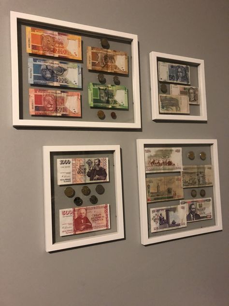 How To Display Foreign Currency, Foreign Currency Display Ideas, Money Frame, Coin Frame, Space Saving Furniture Bedroom, Souvenir Display, Travel Gallery Wall, Travel Wall Decor, Money Collection