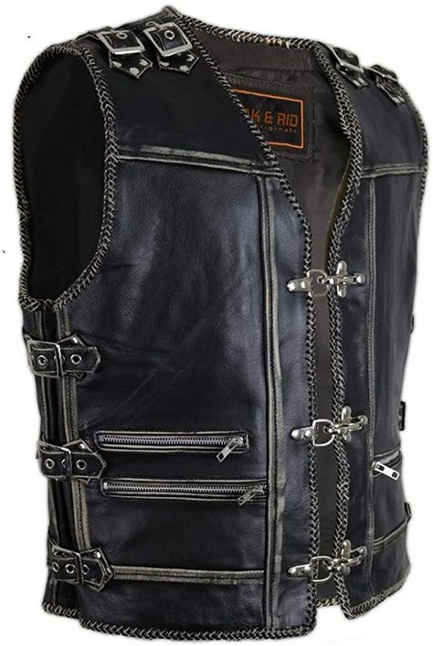 Amazon.com: Men's Genuine Cow Leather Heavy Zipper Buckled Rocker Biker Motorcycle Braided Waistcoat Vest: Clothing Big Man Style, Motorcycle Leather Vest, Leather Biker Vest, Custom Leather Jackets, Biker Men, Biker Vest, Fringe Leather Jacket, Mens Gear, Carhartt Women