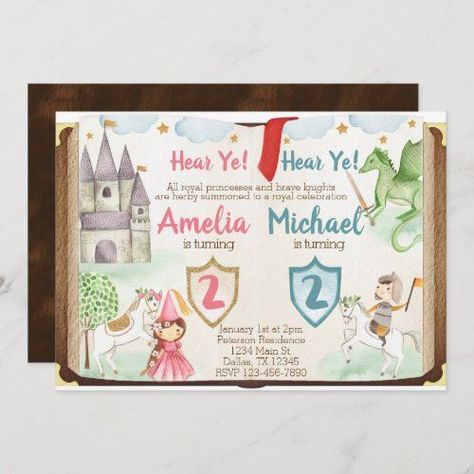 With prices so low, dont be late or you will miss out! - Princess and Knight Birthday Party Invitation $2.56 | Birthday Invitations #princess #knight #castle #dragon #fairytale #birthday #party #invitation #invite #decorations Princess And Knight Birthday Party, Knight Birthday Party Invitations, Princess And Knight, Birthday Invitation Princess, Knight Birthday, Knight Birthday Party, Knight Party, Princess Birthday Invitations, Invitation Text