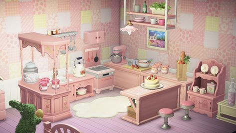 Acnh Kitchen Designs Pink, Animal Crossing Kitchen Ideas Pink, Acnh Pink Kitchen, Animal Crossing Pink Room, Cute Animal Crossing Island Ideas Pink, Acnh Pink Bedroom, Acnh Pink Room, Acnh Kitchen Designs, Acnh Interior Designs