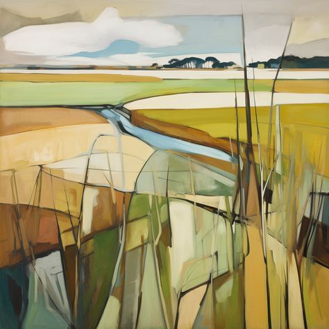 Escape into the abstract world of nature with this evocative cubist interpretation of the Samphire plant, nestled within the salt marshes of Montrose Basin. The artist has deconstructed the vista into a mosaic of geometric forms, inviting the viewer to explore the salt marsh through a different lens. This piece captures the essence of the Scottish coastal landscape with its earthy tones and hues of ochre, amber, and olive, intersected with moments of azure and cobalt blue. The segmented patt... Contemporary Nature Art, Nature Inspired Abstract Art, Samphire Plant, Abstract Landscape Painting Watercolor, Philly Art, Abstract Scenery, Scottish Landscape Painting, Landscape Painting Watercolor, Watercolor Art Landscape