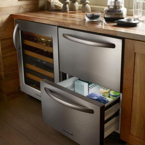 Built-in Double Drawer Refrigerator by Kitchen Aid – $2225 #kitchen #accessory #preserve #appliance #compact #food #cook Giant Fridge, Undercounter Refrigerator Drawers, Drawer Refrigerator, Cabinet Fridge, Fridge Drawers, Double Drawer, Outdoor Kitchen Appliances, Refrigerator Drawers, Kitchen Refrigerator