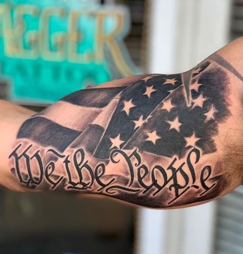 We The People Tattoo, American Flag Forearm Tattoo, American Flag Sleeve Tattoo, People Tattoo, Bicep Tattoo Men, Inner Bicep Tattoo, Patriotic Tattoos, Black American Flag, Men Tattoos Arm Sleeve