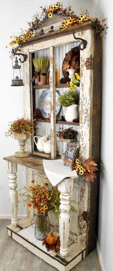 Vintage Doors Repurposed, Door Hutch, Old Door Decor, Old Door Projects, Doors Repurposed, Home Decor Aesthetic, Vintage Doors, Aesthetic Home Decor, Fall Vintage