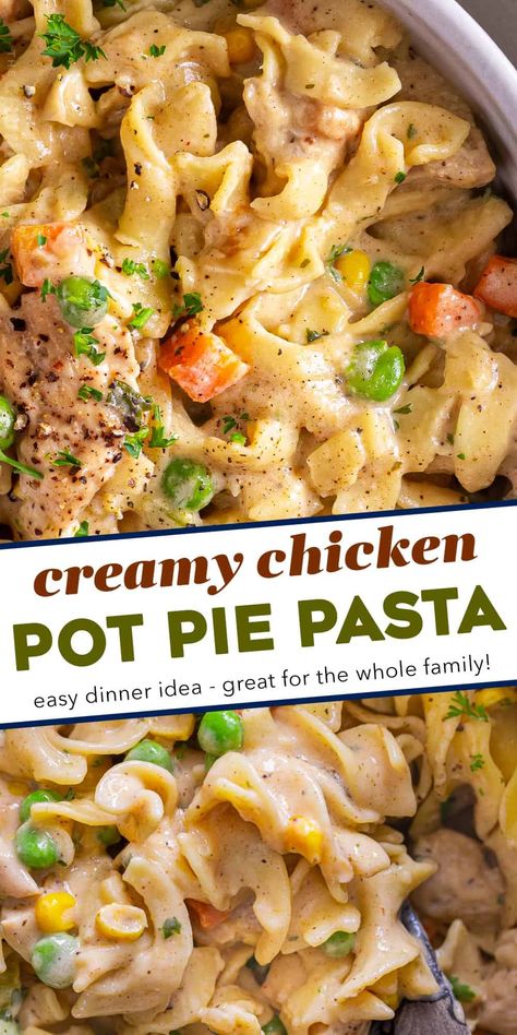 Creamy chicken pot pie pasta is the perfect marriage of a deliciously creamy pasta dish and a classic chicken pot pie. Perfect for a family dinner, this recipe is pure comfort in a bowl! Chicken Pot Pie Pasta, Pot Pie Pasta, Classic Chicken Pot Pie, Creamy Chicken Pot Pie, Chicken Pot Pie Casserole, Chicken Pot Pie Soup, Creamy Pasta Dishes, Pot Pie Soup, Easy Chicken Pot Pie