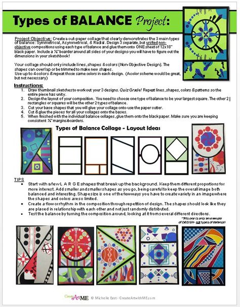 Types of Balance Cut-Paper Collage Handout Balance In Art, Types Of Balance, Art And Craft Projects, Art Handouts, High School Art Projects, 8th Grade Art, Istoria Artei, Art Lessons Middle School, Balance Art