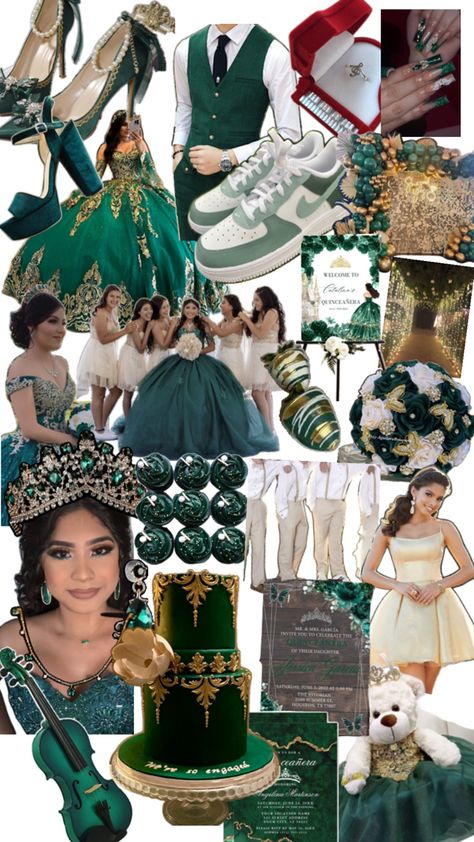 Quince Theme Ideas, Emerald Green Quinceanera Dresses, Emerald Green Quinceanera Theme, Blue Quinceanera Theme, Enchanted Forest Quinceanera, Green Quinceanera Theme, Princess Sweet 16, Sweet 15 Party Ideas Quinceanera, Mexican Quinceanera